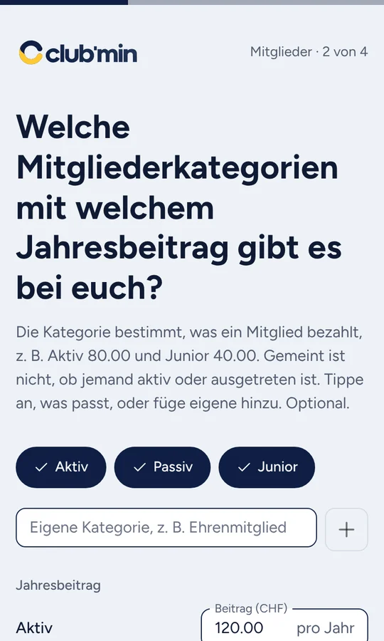 Frage nach den Mitgliederkategorien mit Jahresbeitrag: Aktiv 120.00, Junior 60.00, Passiv 50.00