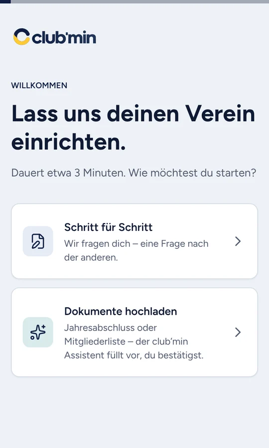 Einrichtungsassistent: «Lass uns deinen Verein einrichten.» mit den Wegen «Schritt für Schritt» und «Dokumente hochladen»