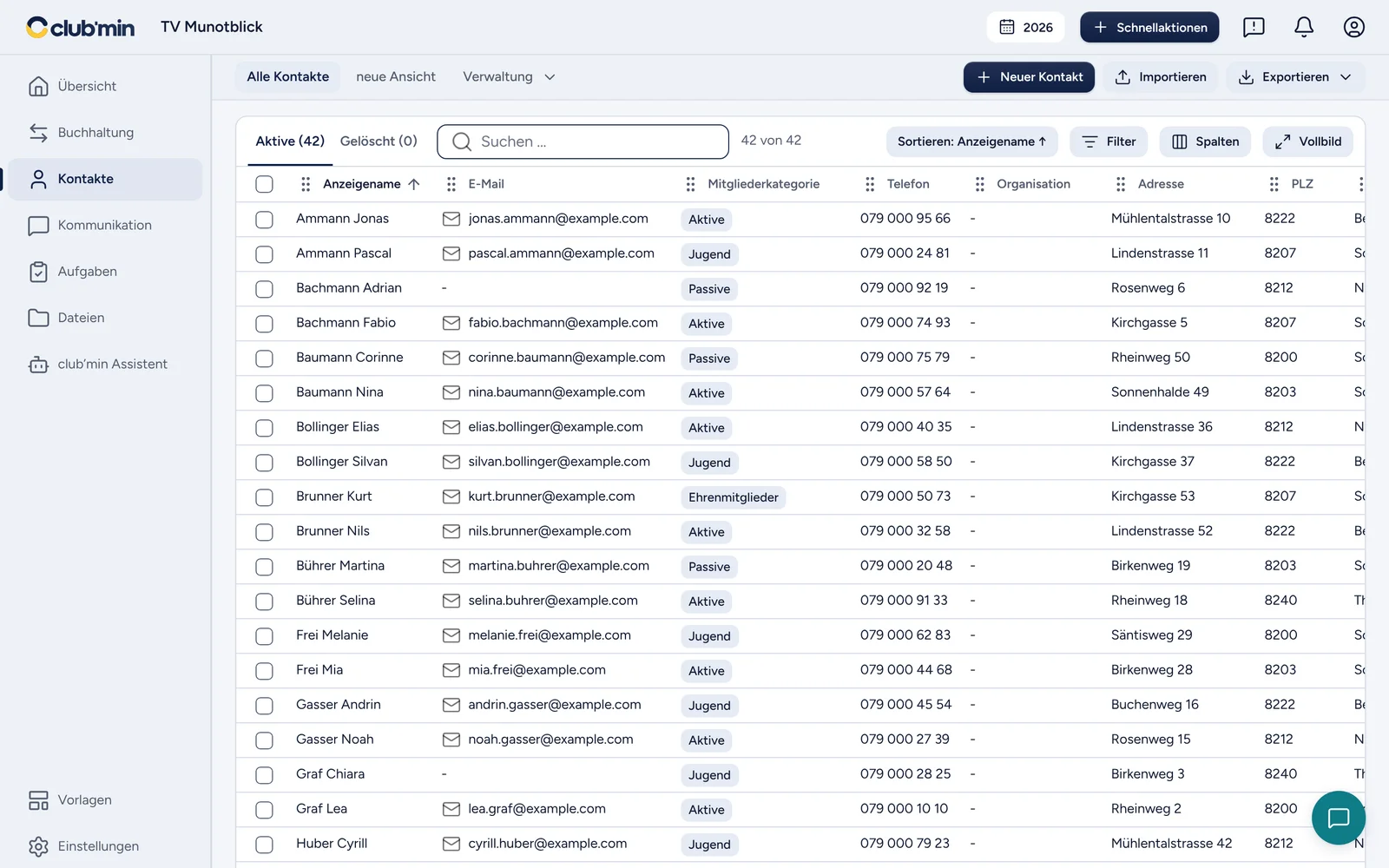 Kontakte des TV Munotblick: 42 aktive Mitglieder mit E-Mail, Mitgliederkategorie, Telefon und Adresse