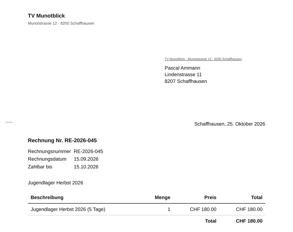 Rechnung RE-2026-045 des TV Munotblick an Pascal Ammann: Jugendlager Herbst 2026, Total CHF 180.00