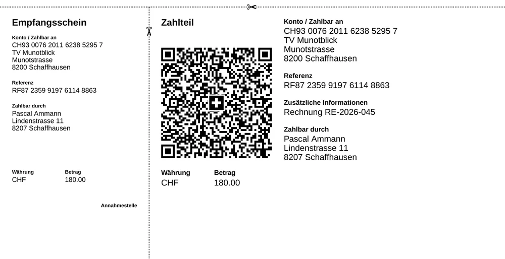 QR-Zahlteil der Rechnung mit Empfangsschein, QR-Code und Betrag CHF 180.00